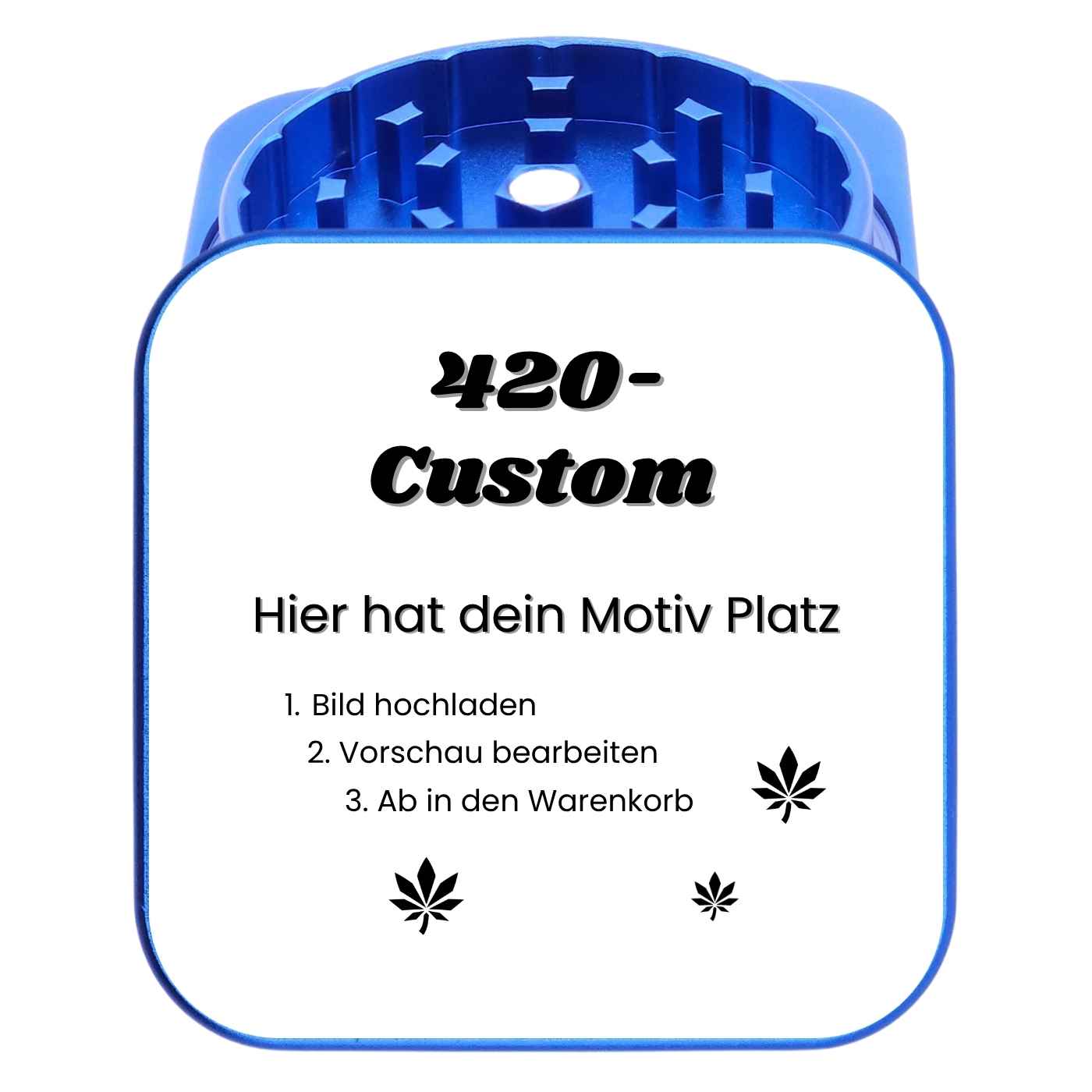 Blauer quadratischer Grinder mit hochwertigem Fotodruck – selbst gestaltbares Kiffergeschenk.
