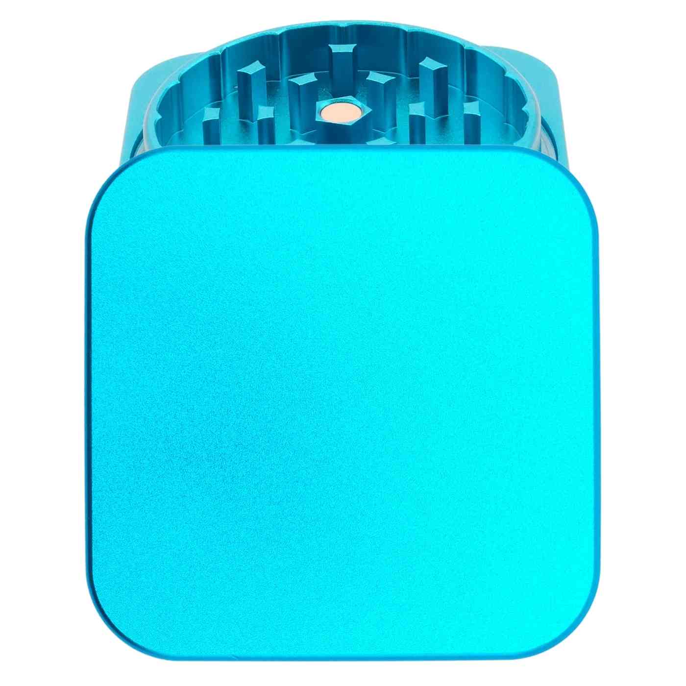 Quadratischer Grinder in Türkis – individuell gestalten und mit Gravur personalisieren.