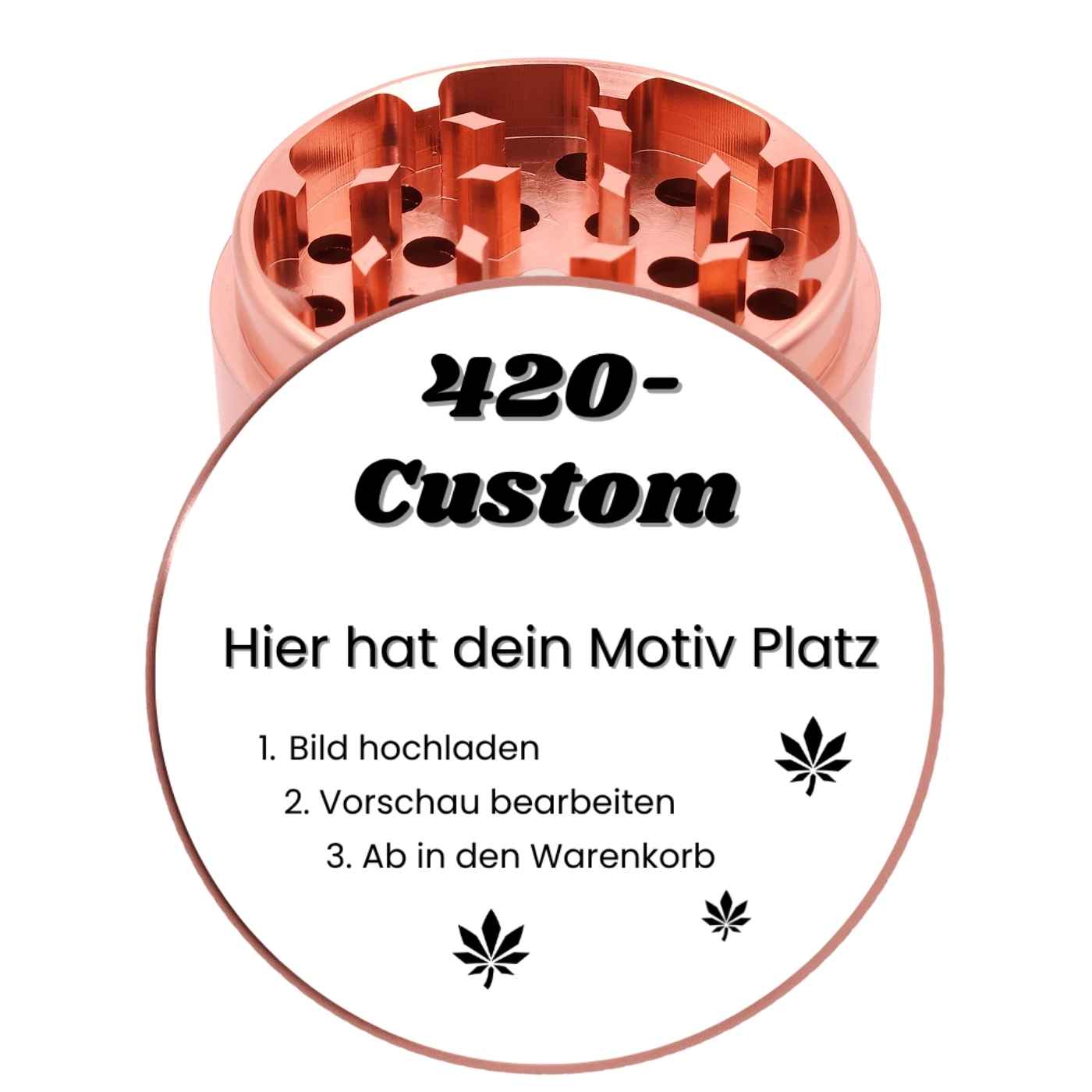 Rose farbener Grinder mit Wunschgravur – rundes, personalisierbares Geschenk für Raucher.