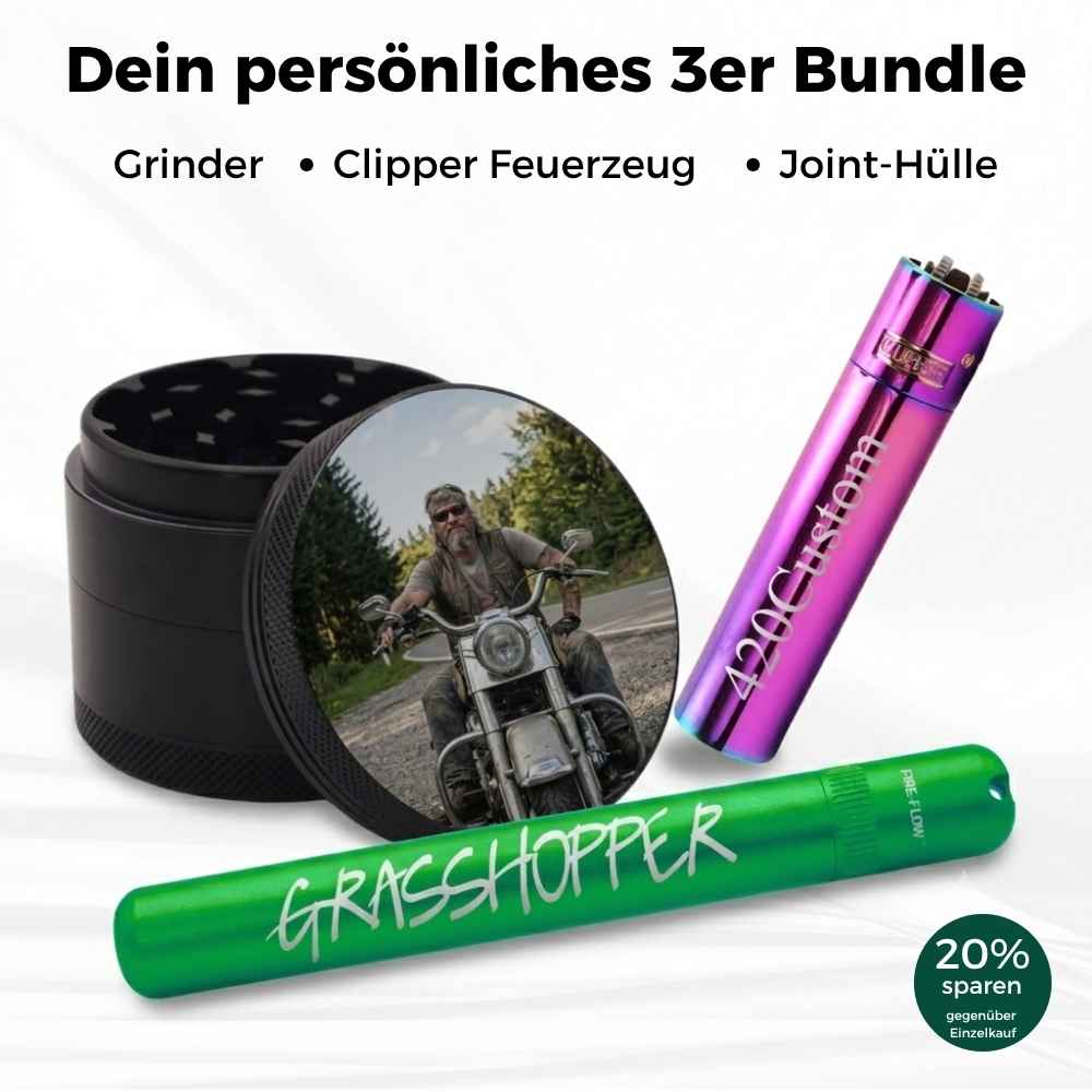 Dein Dreierpack – Grinder, Clipper & Jointhülle, jedes Teil individuell veredelt