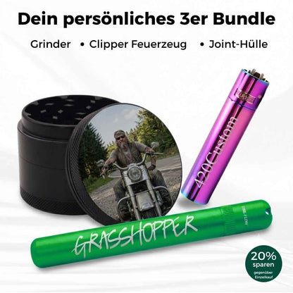 Dein Dreierpack – Grinder, Clipper & Jointhülle, jedes Teil individuell veredelt