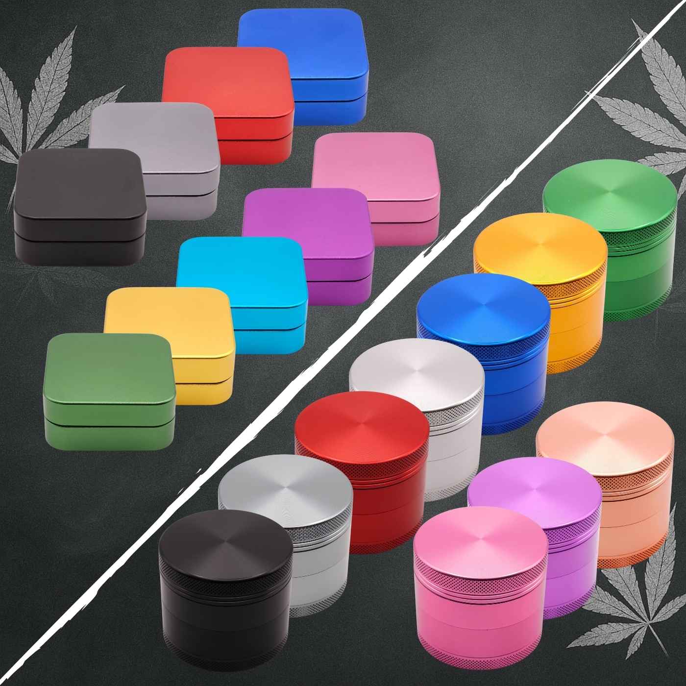 Übersicht aller personalisierten Grinder von 420custom – runde und quadratische Modelle mit individuellem Design.