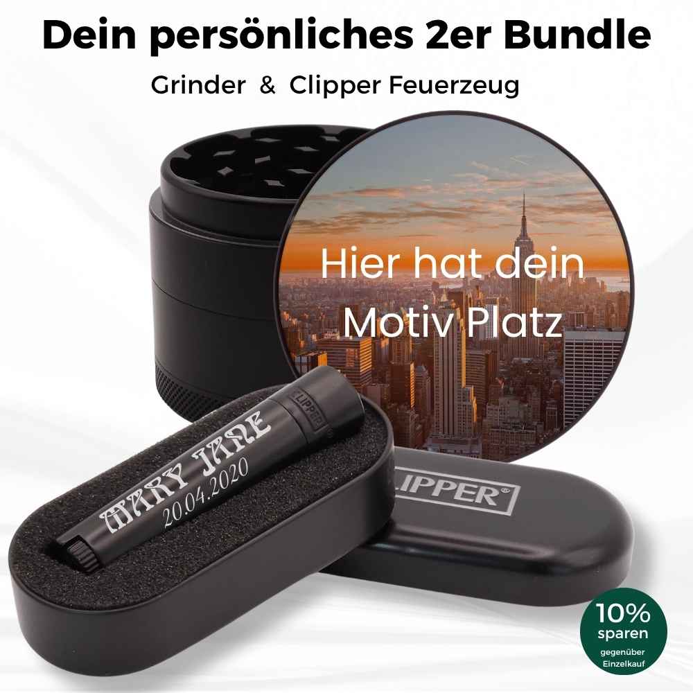 Schwarzer Grinder und Clipper Feuerzeug mit markierter Fläche, die zeigt, wo das eigene Motiv platziert wird