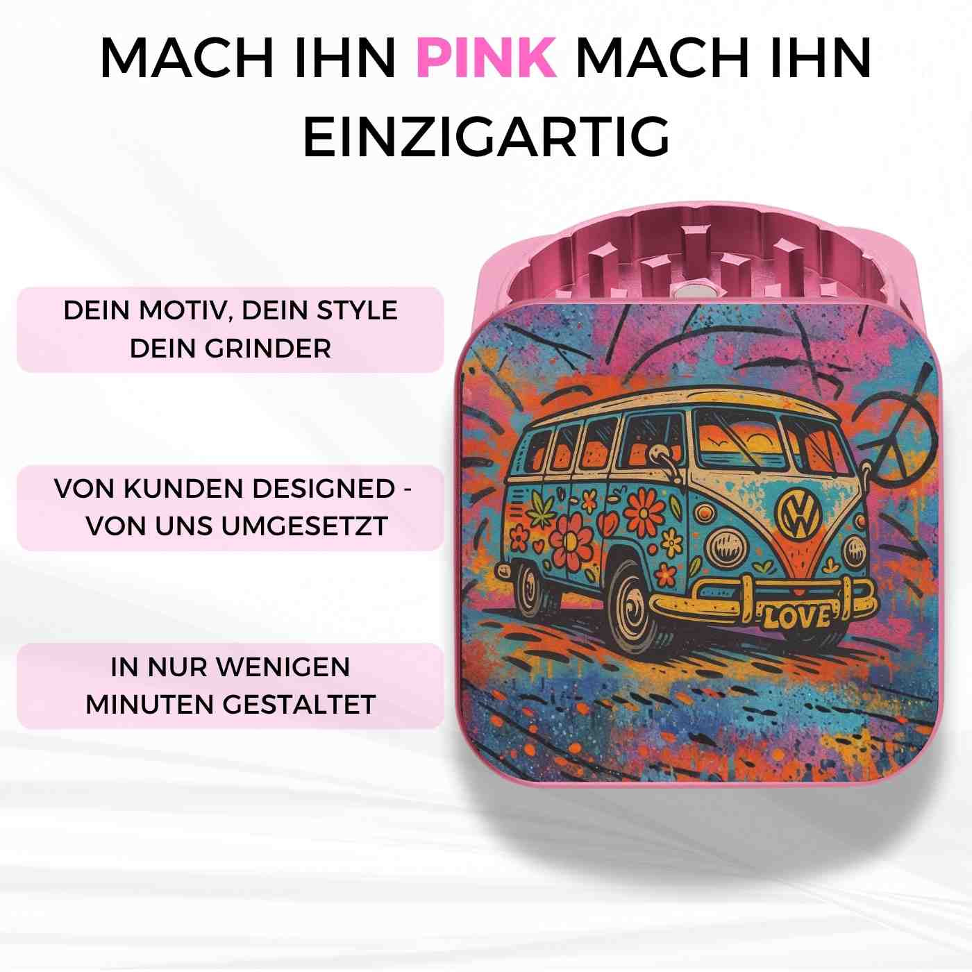 Quadratischer Grinder in Pink mit farbigem Druck eines Hippie-Busses – personalisierter Grinder mit eigenem Motiv oder Foto, individuell gestaltbar.
