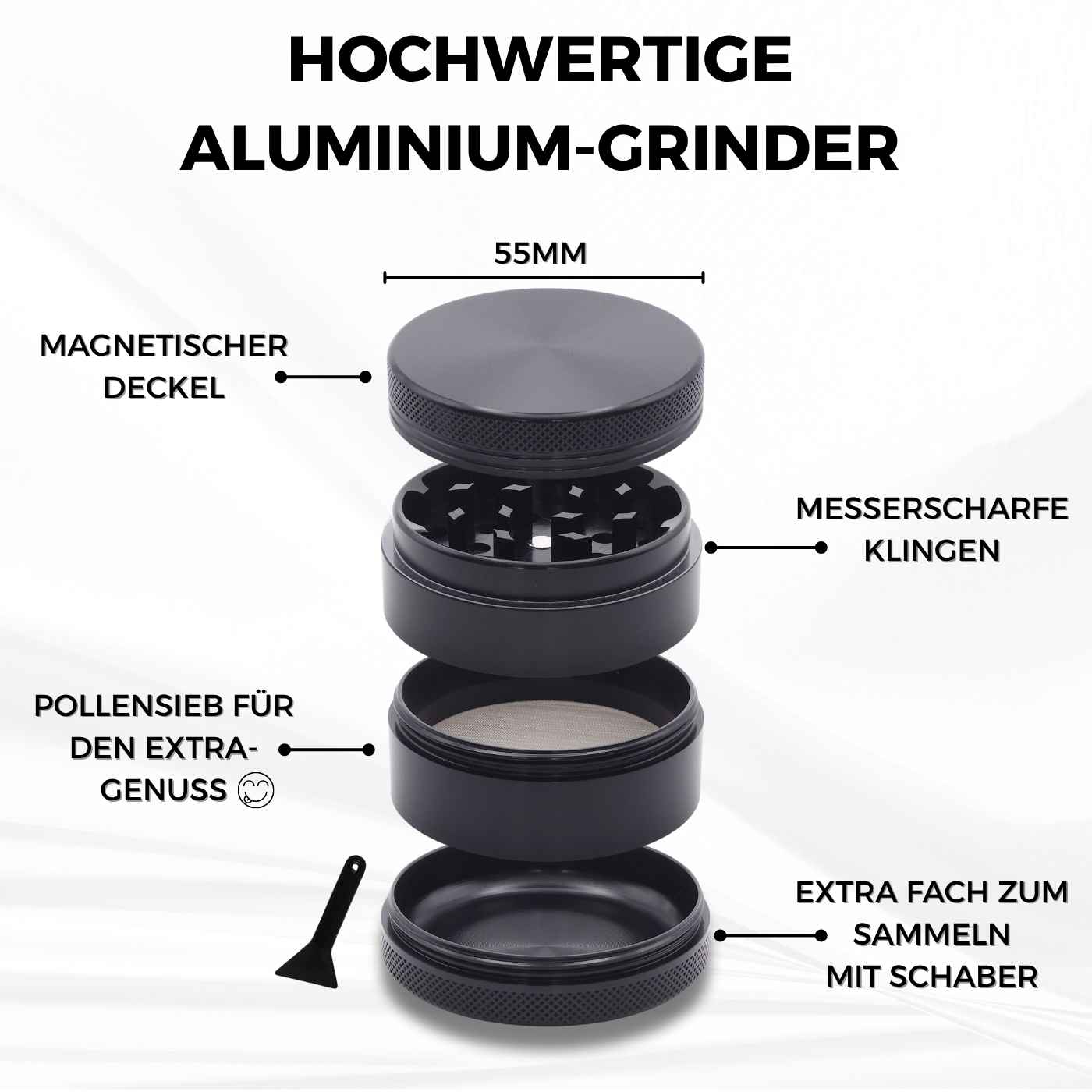 Runder, vierteiliger Grinder in Schwarz – zeigt den Aufbau mit Sieb und Mahlwerk, hochwertiger personalisierter Grinder aus Aluminium.
