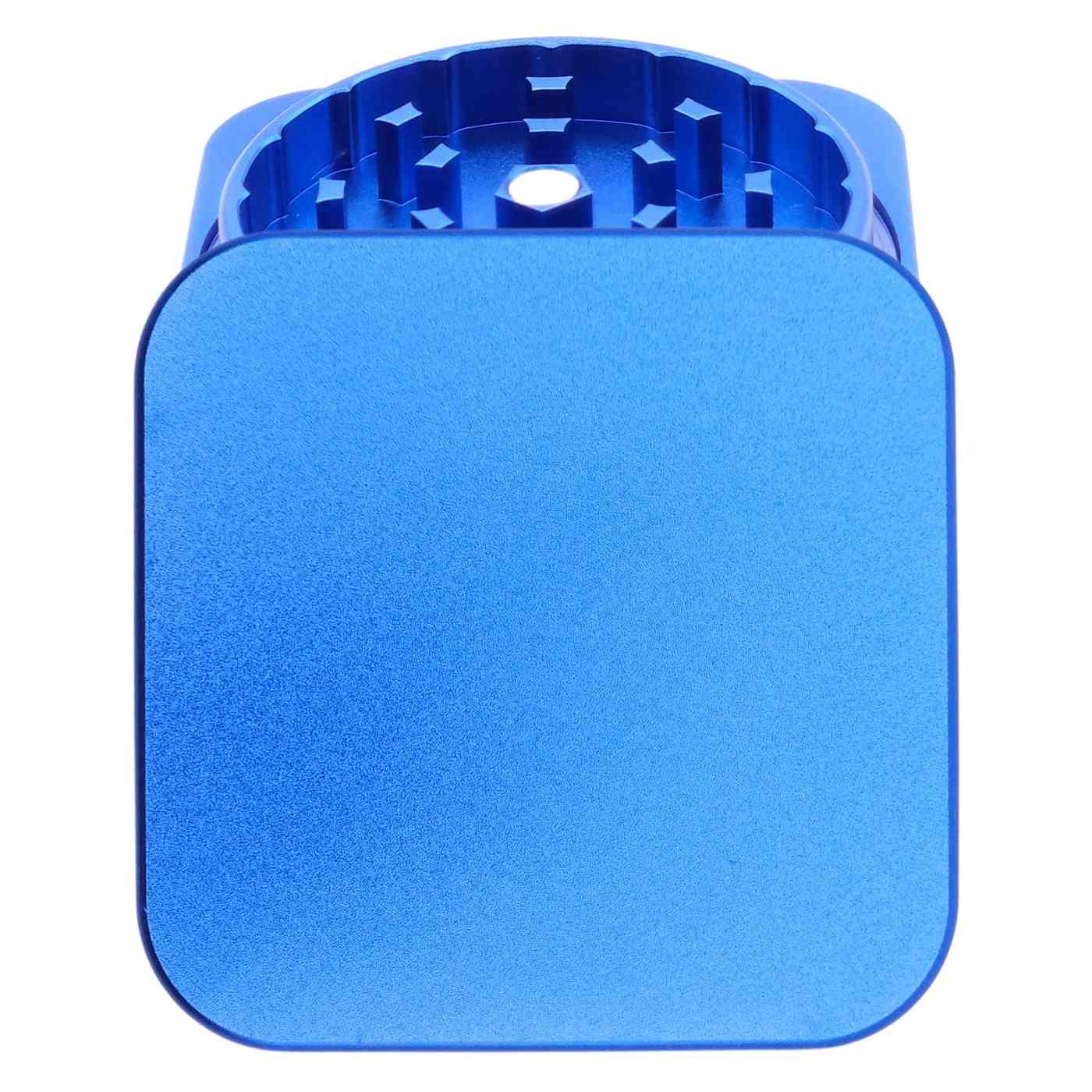 Quadratischer Grinder in Blau – mit Gravur personalisieren, hochwertiger Look und präzise Mahlung.
