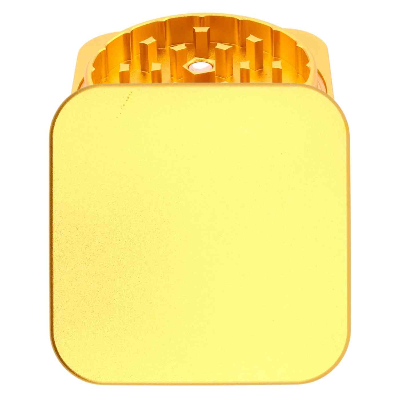 Quadratischer Grinder in Gold – luxuriöses Design, personalisierbar mit Gravur oder Text.