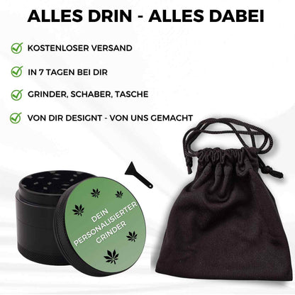 Runder personalisierter Grinder in Schwarz – kompletter Lieferumfang mit Deckel, Sieb und Schaber, individuell gestaltbar mit Gravur.