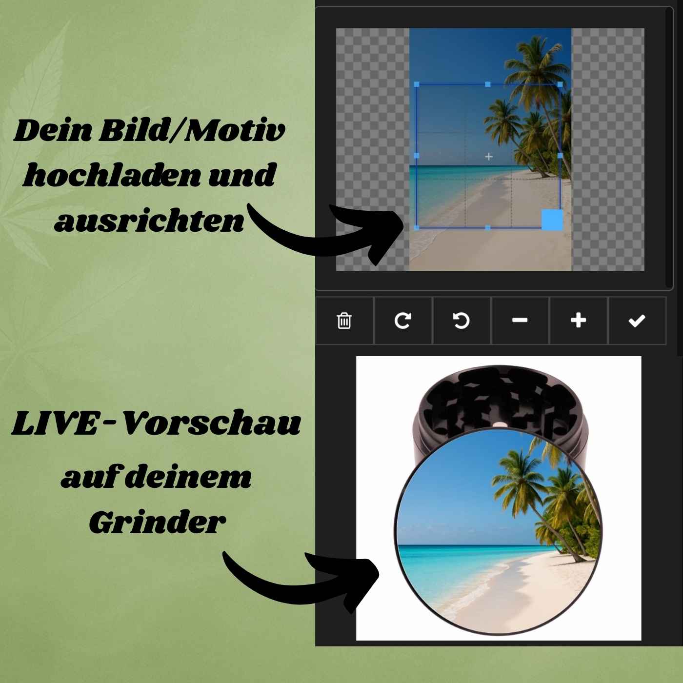 Live-Vorschau um Grinder mit eigenem Bild zu persnalisieren - als Geschenk für Kiffer