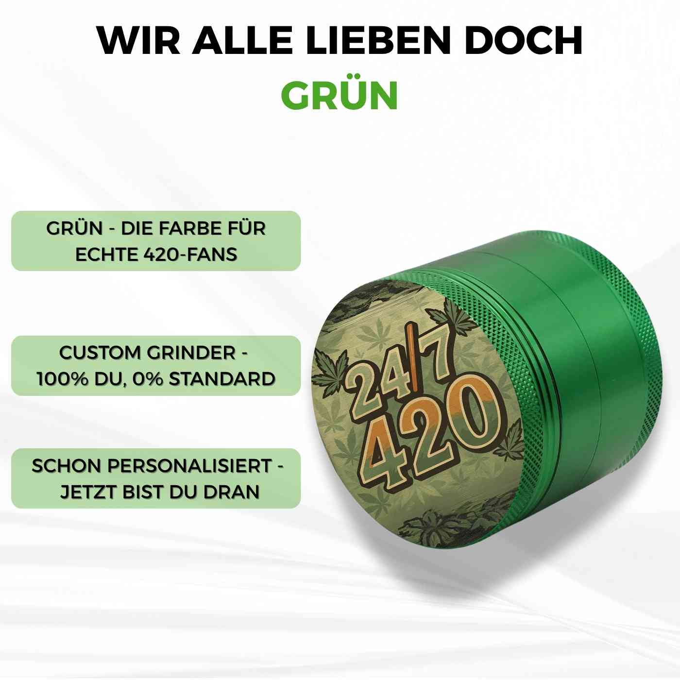 Runder Grinder in Grün mit Farbdruck des Spruchs „420 Lifestyle“ – personalisierbarer Grinder zum Selbstgestalten mit eigenem Motiv oder Text.