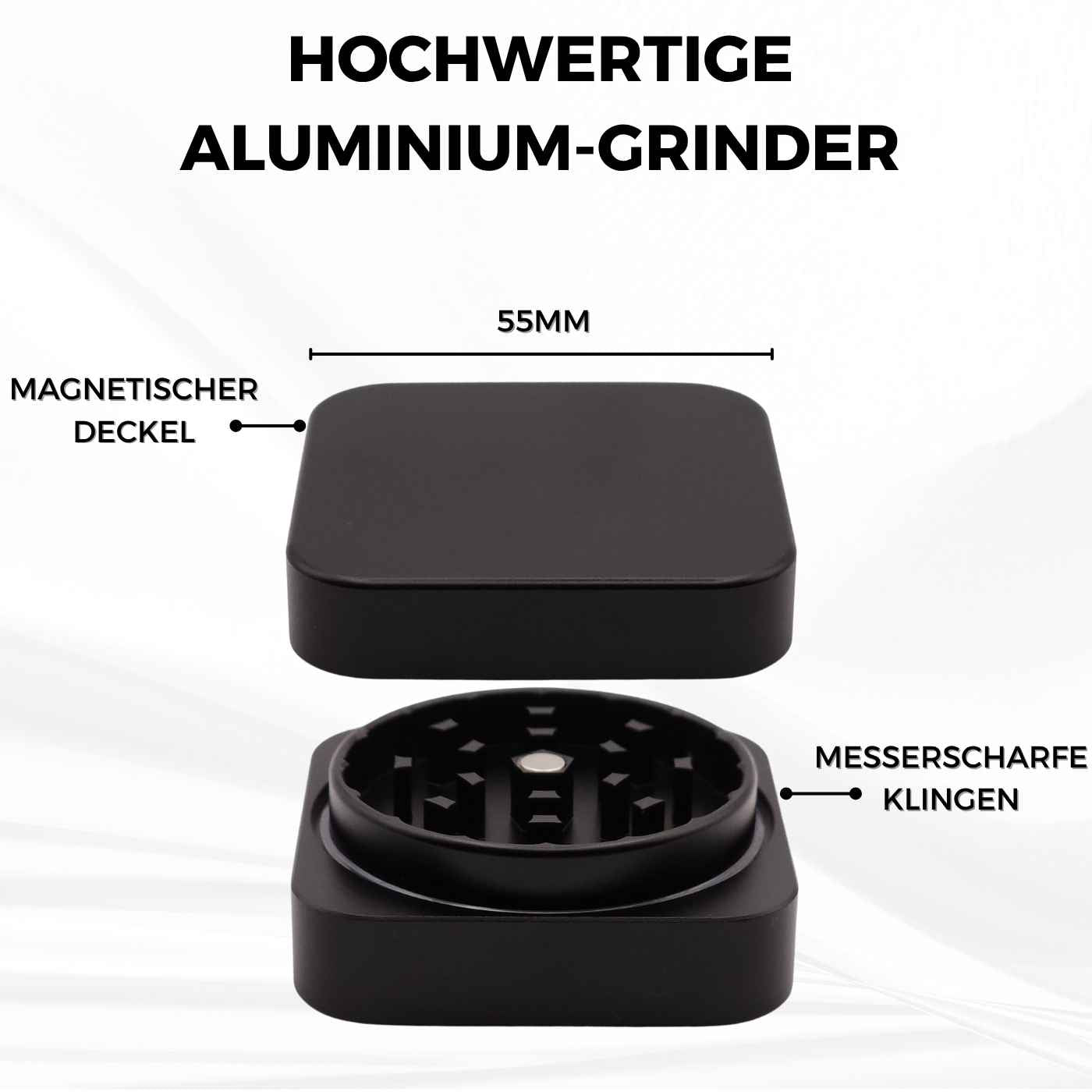 Quadratischer personalisierter Grinder in Schwarz – zweiteiliger Grinder mit Gravur, individuell gestaltbar und hochwertig verarbeitet.