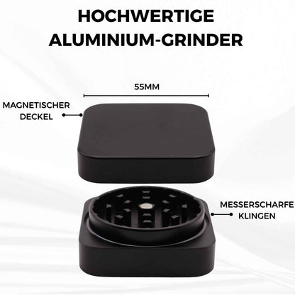 Quadratischer personalisierter Grinder in Schwarz – zweiteiliger Grinder mit Gravur, individuell gestaltbar und hochwertig verarbeitet.