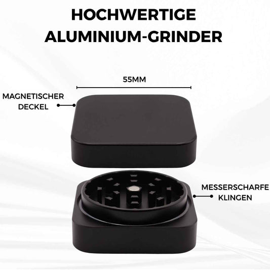 Quadratischer personalisierter Grinder in Schwarz – zweiteiliger Grinder mit Gravur, individuell gestaltbar und hochwertig verarbeitet.