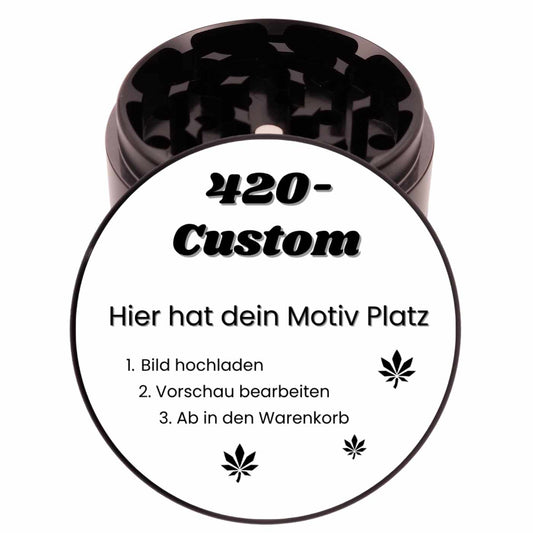 Runder schwarzer Grinder mit personalisiertem Fotodruck – individuell gestaltbares Kiffergeschenk.