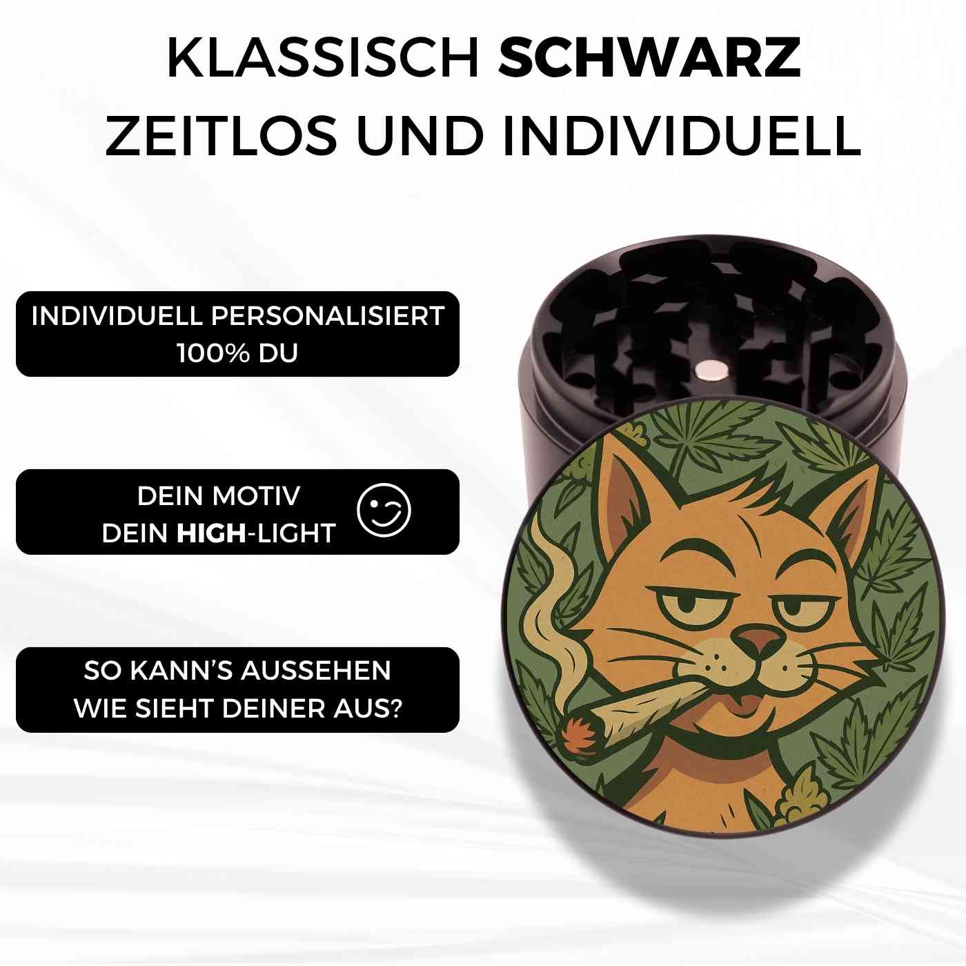 Personalisierter runder Grinder in Schwarz mit farbigem Druck einer kiffenden Katze – individuell gestaltbarer Grinder mit eigenem Bild oder Design.