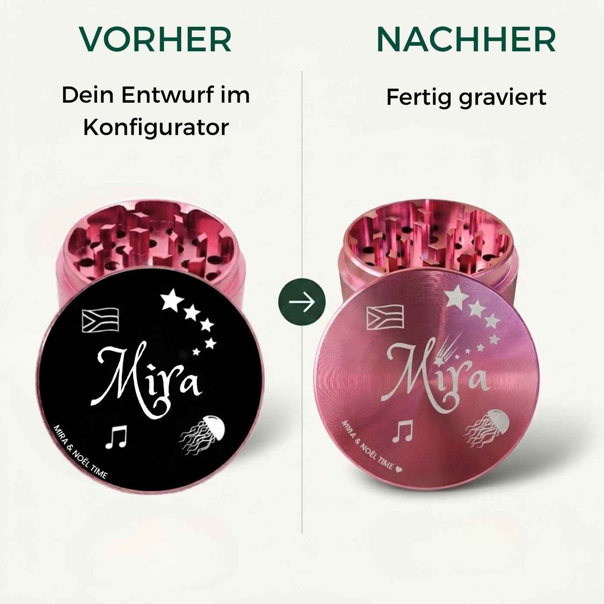 Vorher-Nachher-Ansicht einer präzisen Lasergravur auf einem rosafarbenen Grinder im Vergleich.