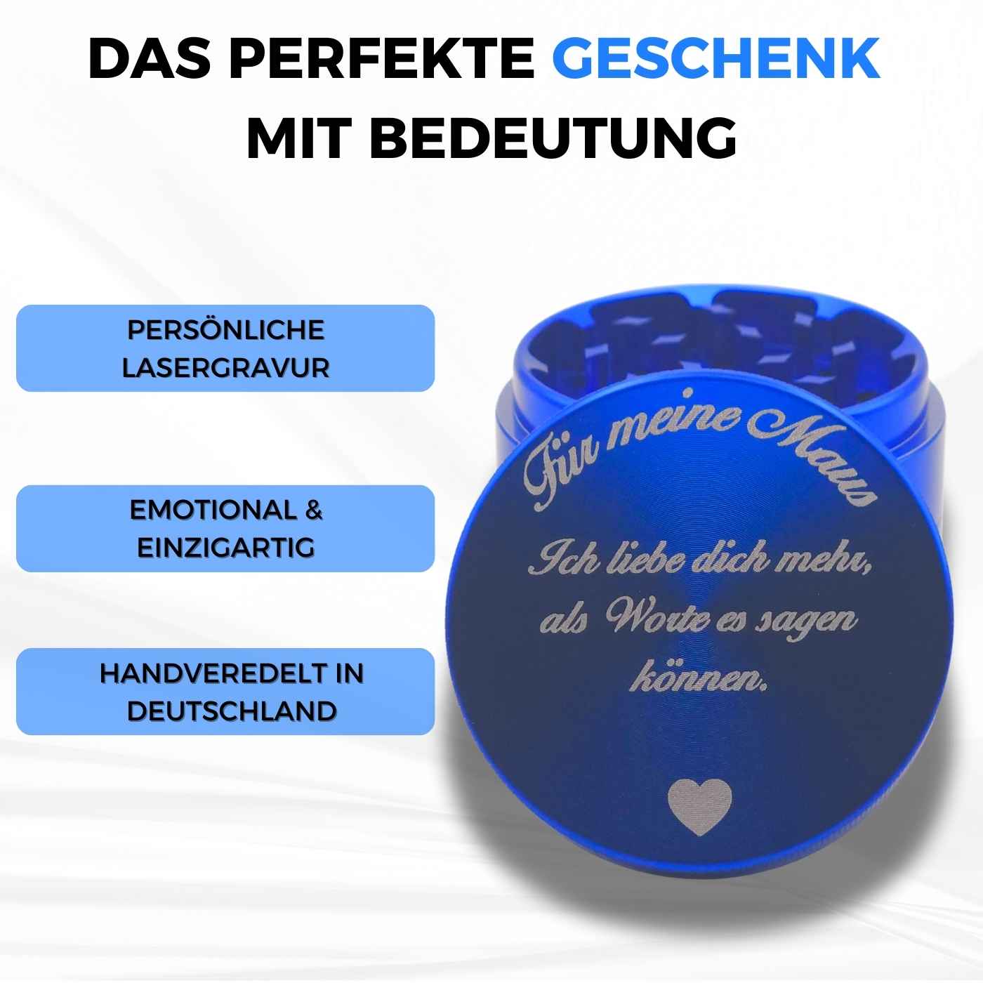 Blauer Grinder mit individuell lasergraviertem Text als persönliche Widmung