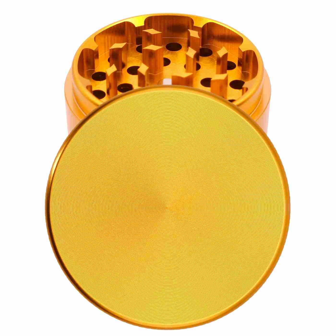 Runder Grinder in Gold – luxuriöses Design, personalisierbar mit Gravur oder eigenem Bild.