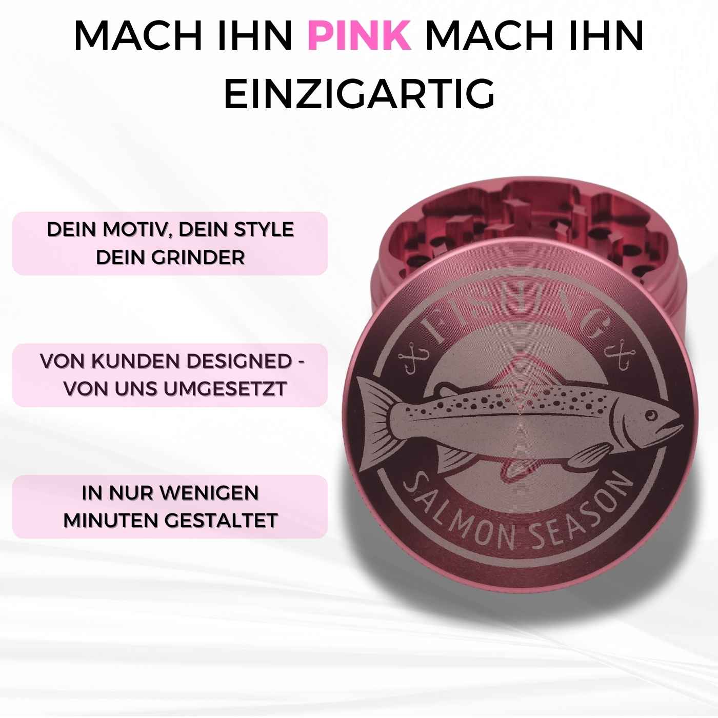 Pinker runder Grinder mit fein gelaserter Fisch- und Angelmotiv-Gravur