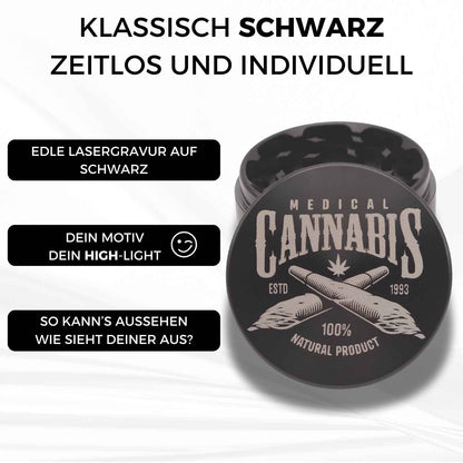 Schwarzer runder Grinder mit präziser Joint-Lasergravur auf dem Deckel