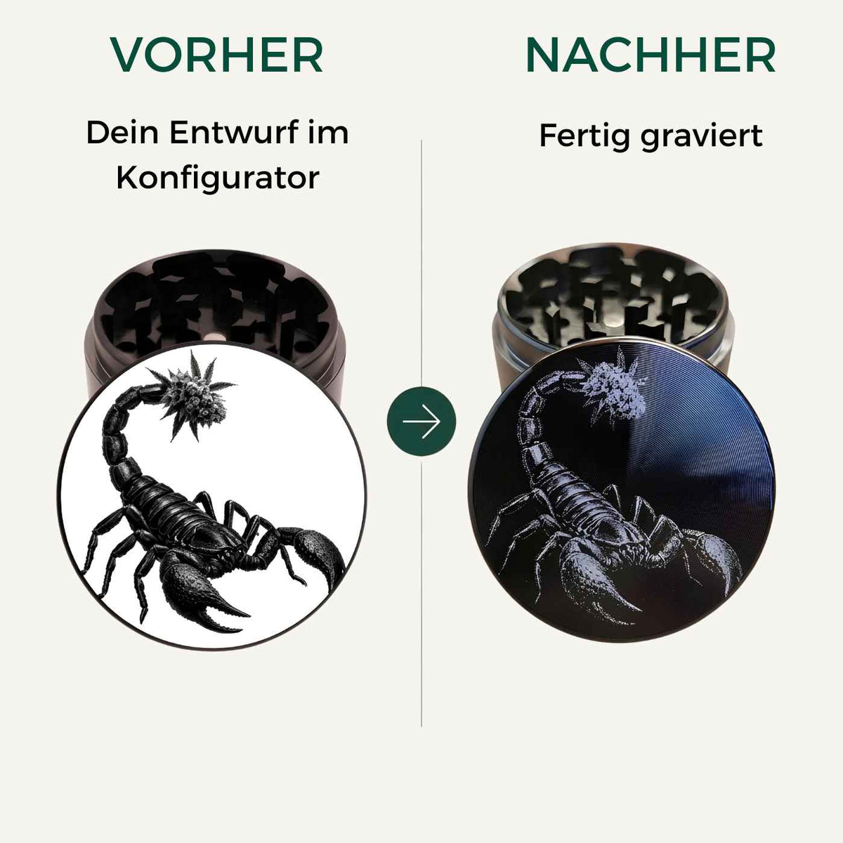 • Vorher-Nachher-Vergleich einer individuellen Lasergravur auf einem schwarzen Grinder.
