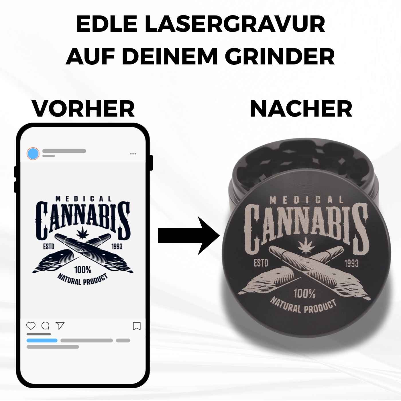Vorher-Nachher Vergleich einer Lasergravur: Design auf dem Handy und fertiger personalisierter schwarzer Grinder aus Metall