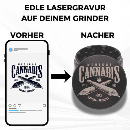 Vorher-Nachher Vergleich einer Lasergravur: Design auf dem Handy und fertiger personalisierter schwarzer Grinder aus Metall