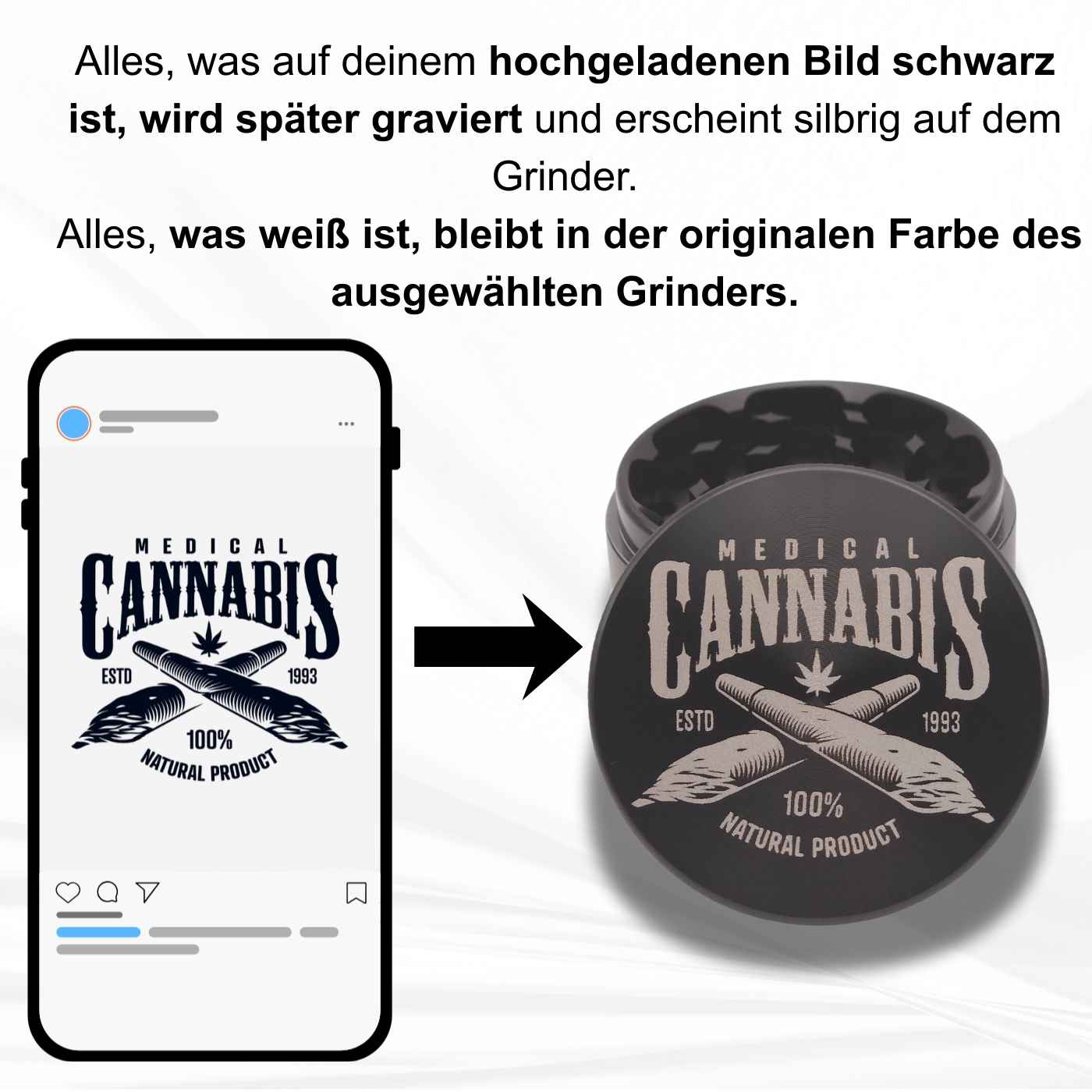 Vorher-Nachher-Darstellung eines Motivs mit Erklärung: Schwarze Bereiche werden silbern graviert, weiße Bereiche bleiben in der Farbe des Grinders.